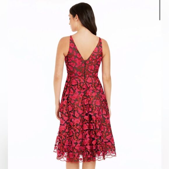 Dress the Population L Elisa Fuchsia Coral Black Tulle V-Nevk & Back Zip Dress - Picture 4 of 17